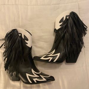 Black and white western fringe boots